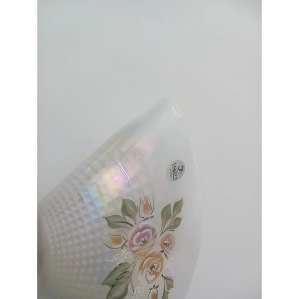 Fenton Iridescent White Opalescent Romance Hand Painted Floral Fan Vase Signed